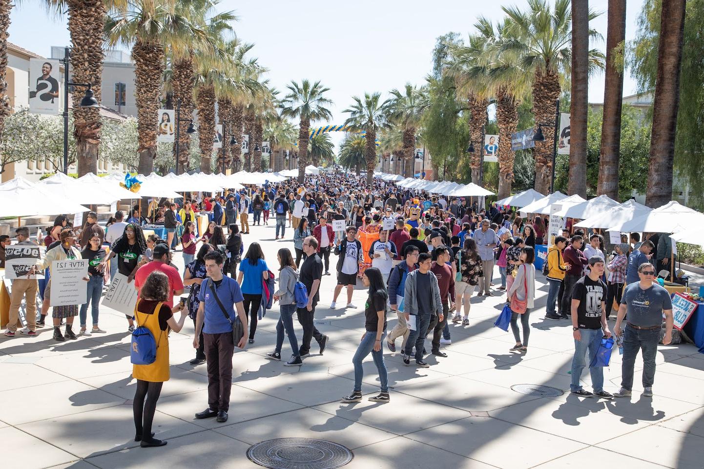 数百名学生在资源博览会期间在Paseo周围散步.