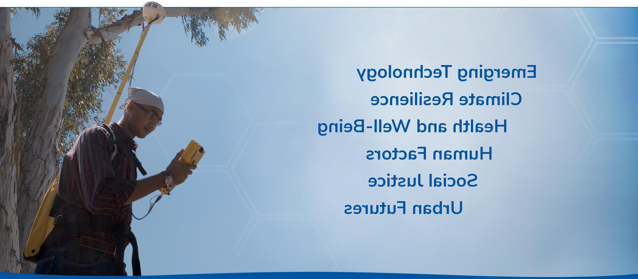 Person holds scientific survey equipment while standing in front of tree.  Text advertising the main strength categories linked below: Emerging Technology, 气候适应能力, Health and Well-Being, 人为因素, 社会正义, 城市未来